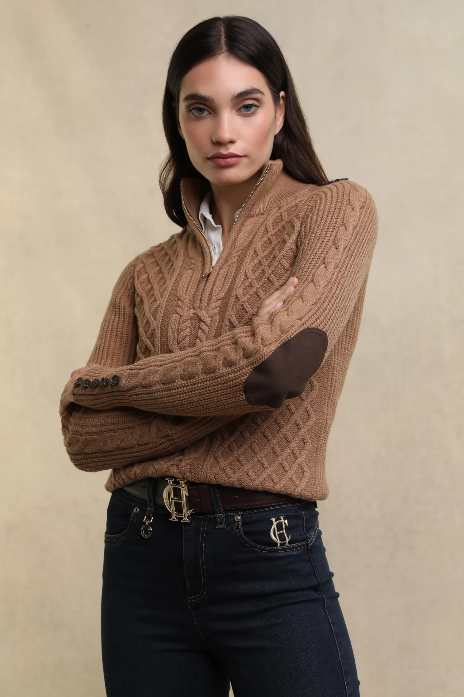 Country Cable Quarter Zip Knit (Caramel)