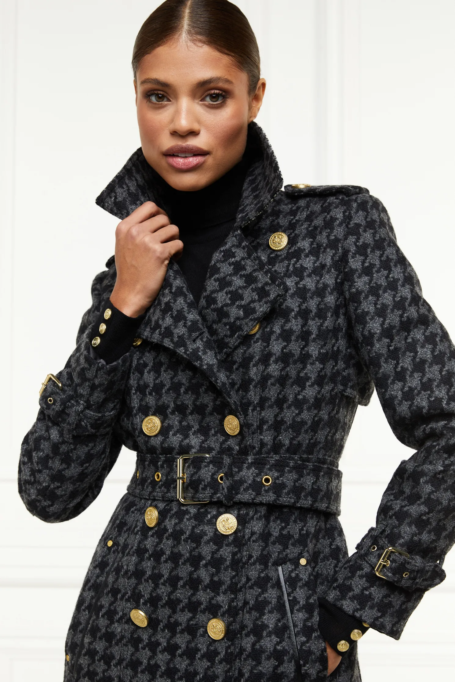 Full Length Chelsea Trench Coat (Large Scale Charcoal Houndstooth)