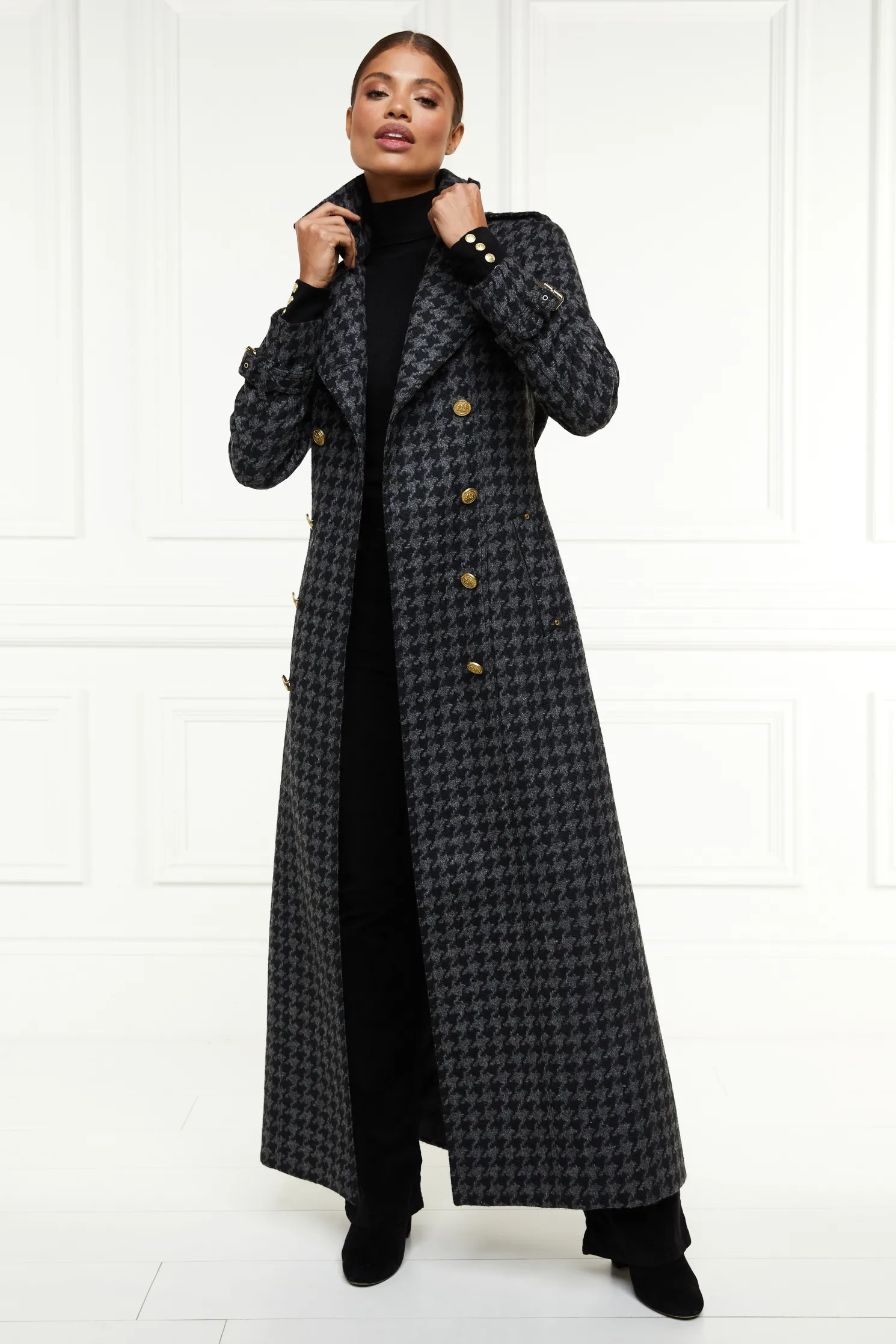 Full Length Chelsea Trench Coat (Large Scale Charcoal Houndstooth)