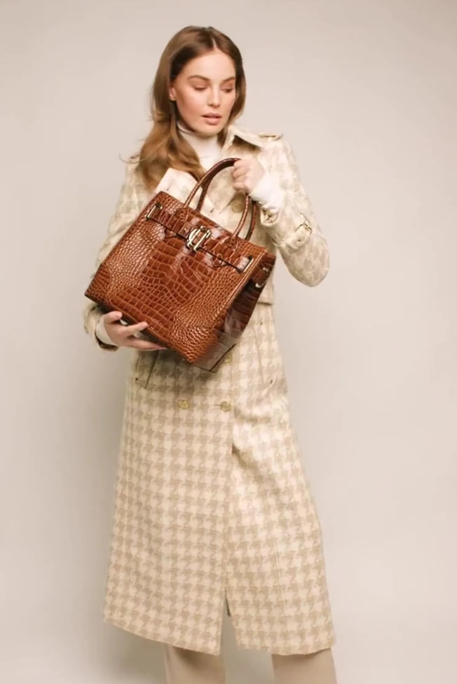 Full Length Marlborough Trench Coat (Camel Houndstooth)