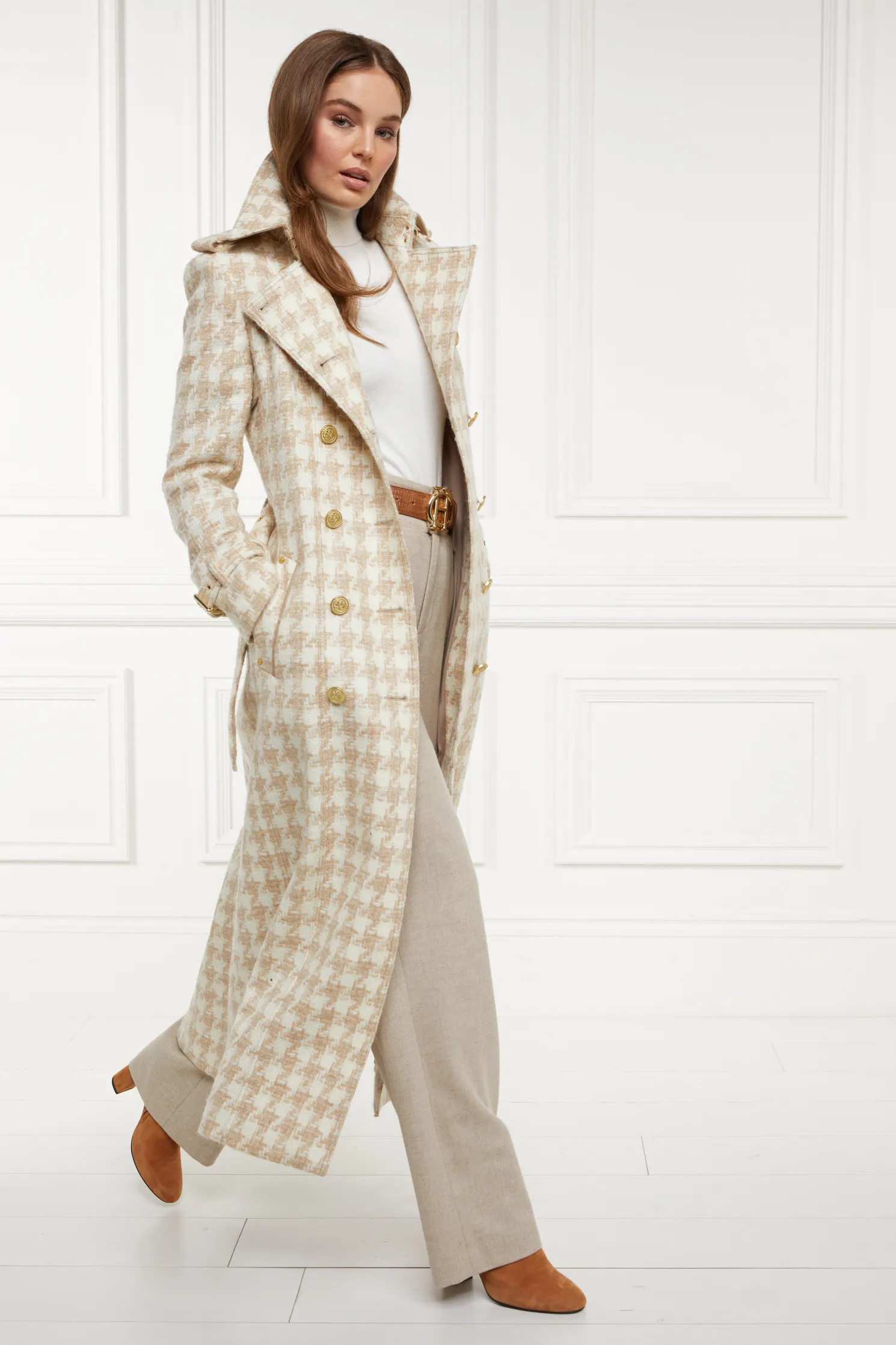 Full Length Marlborough Trench Coat (Camel Houndstooth)