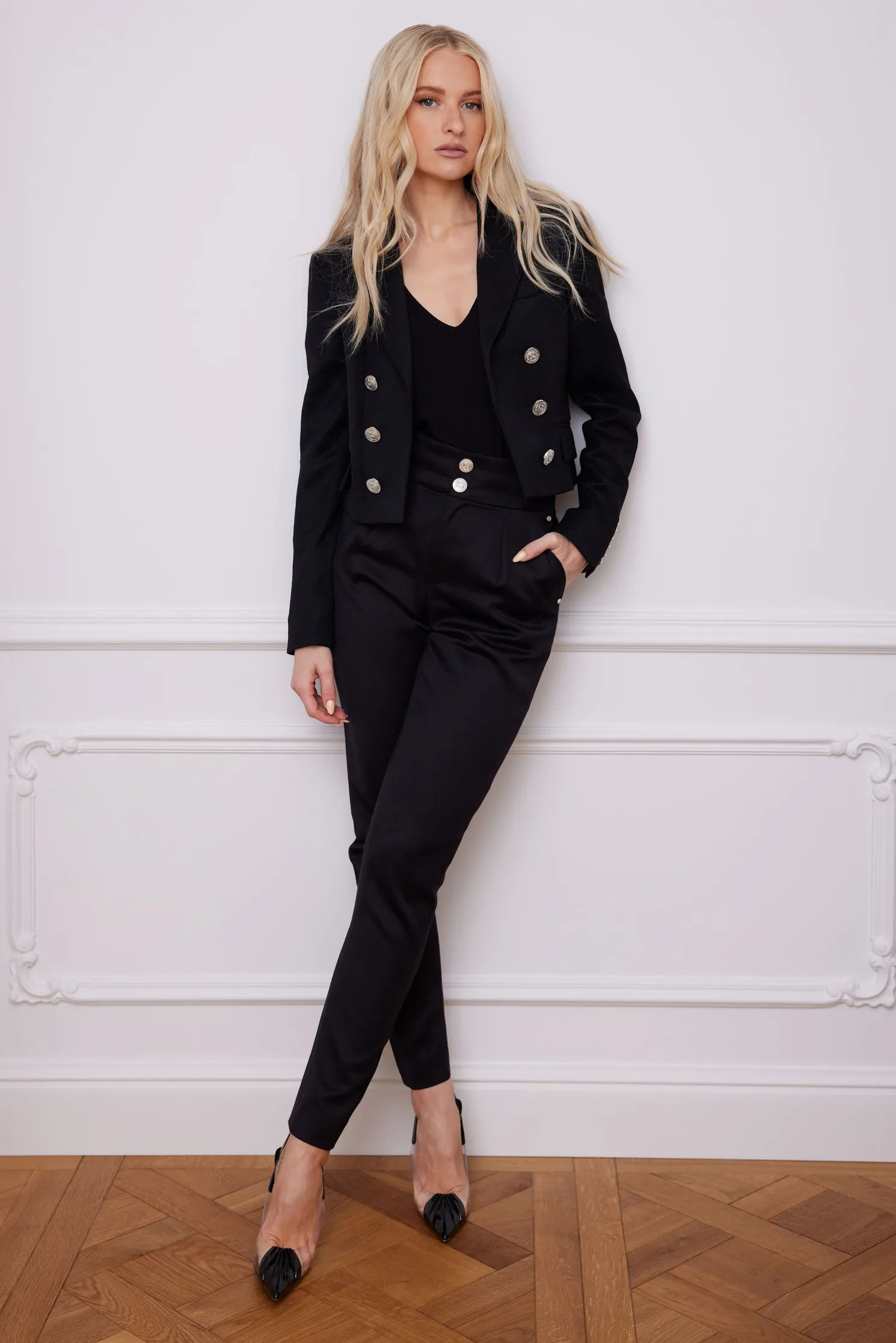 High Waisted Peg Trouser (Black Barathea Silver)