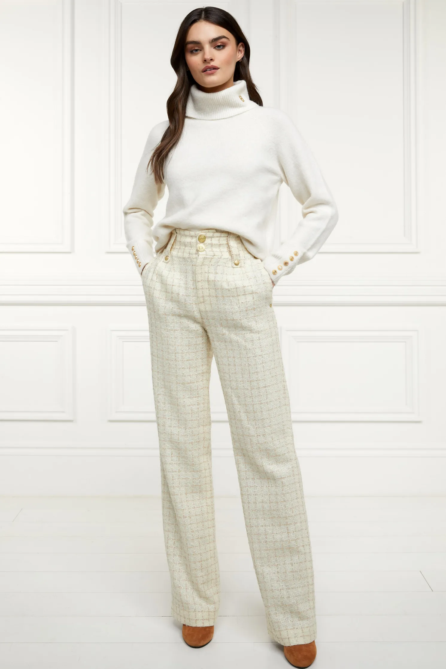 High Waisted Straight Trouser (Ivory Sparkle Tweed)