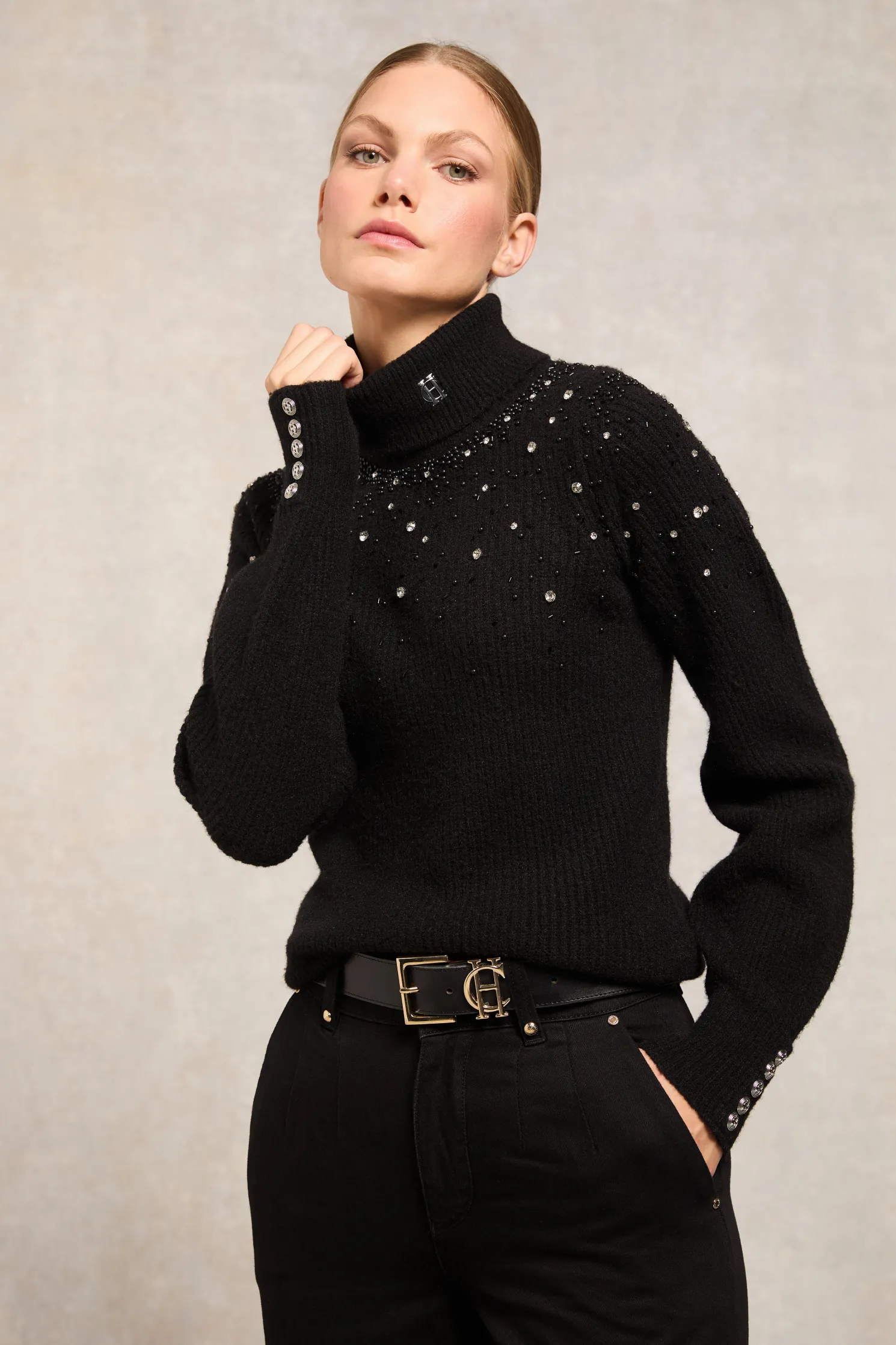 Kelsie Rib Embellished Roll Neck (Black)