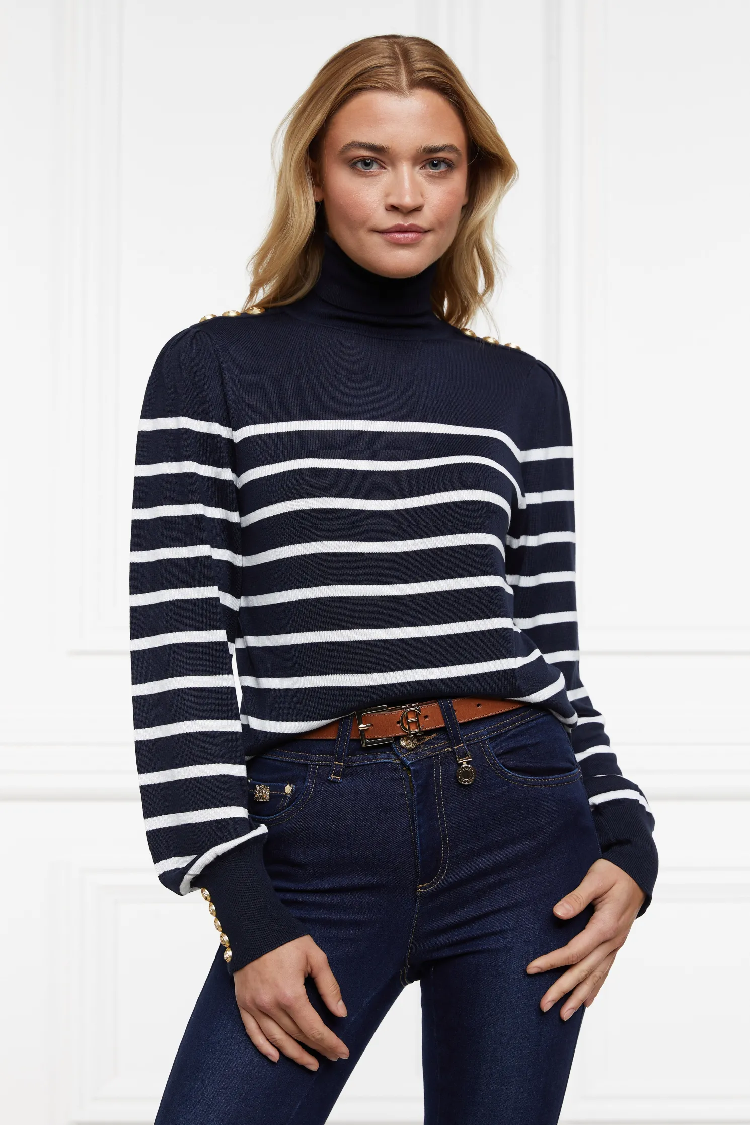 Kelsie Roll Neck Knit (Ink Navy Natural Stripe)