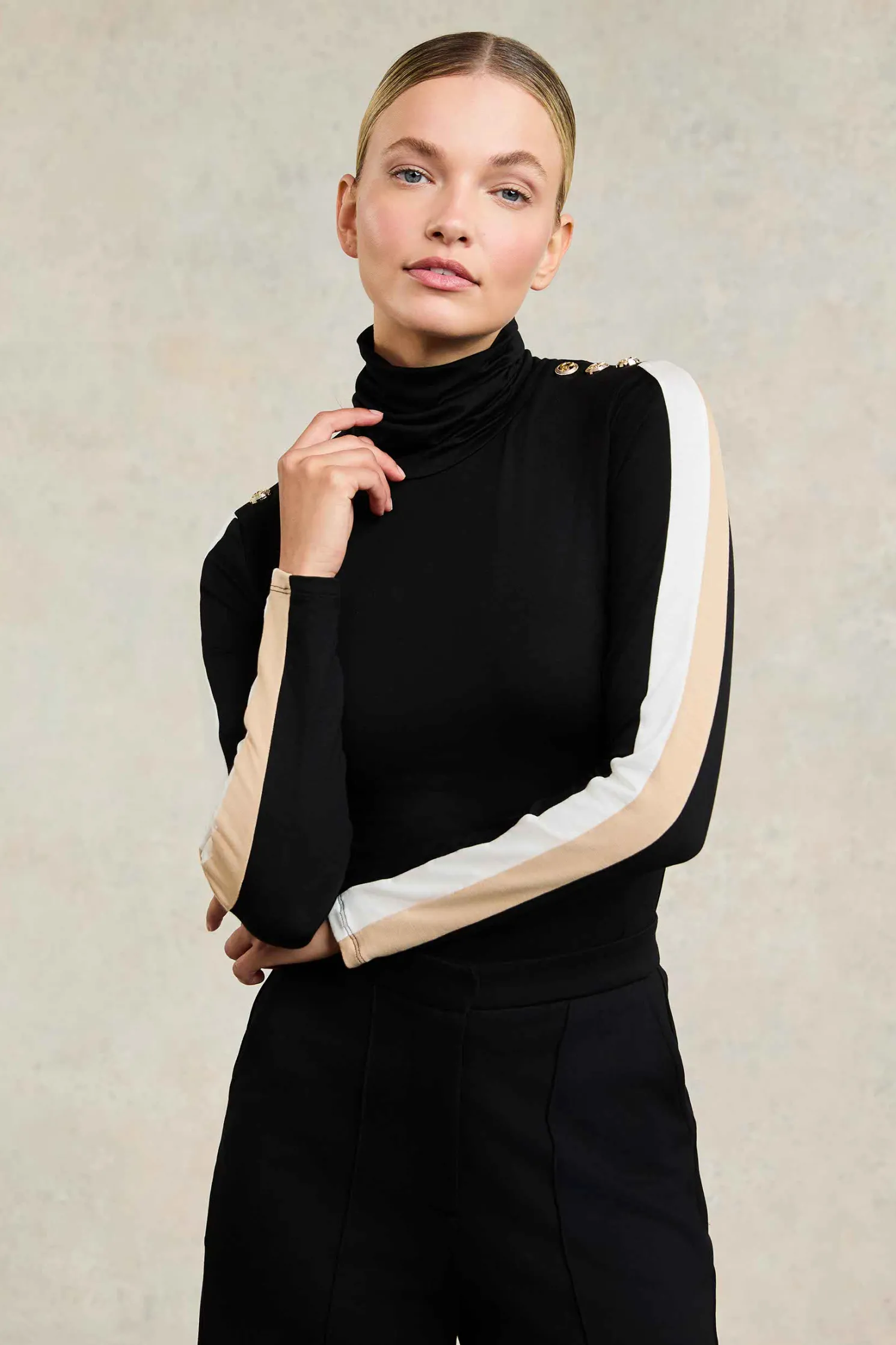 Panel Long Sleeve Roll Neck (Black Camel)